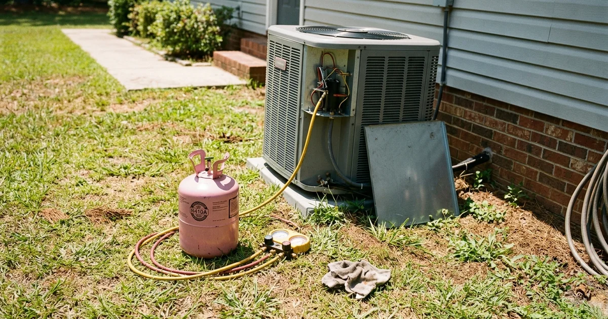 Refrigerant cylinder and gauges beside an outdoor AC condenser at an Alabama home